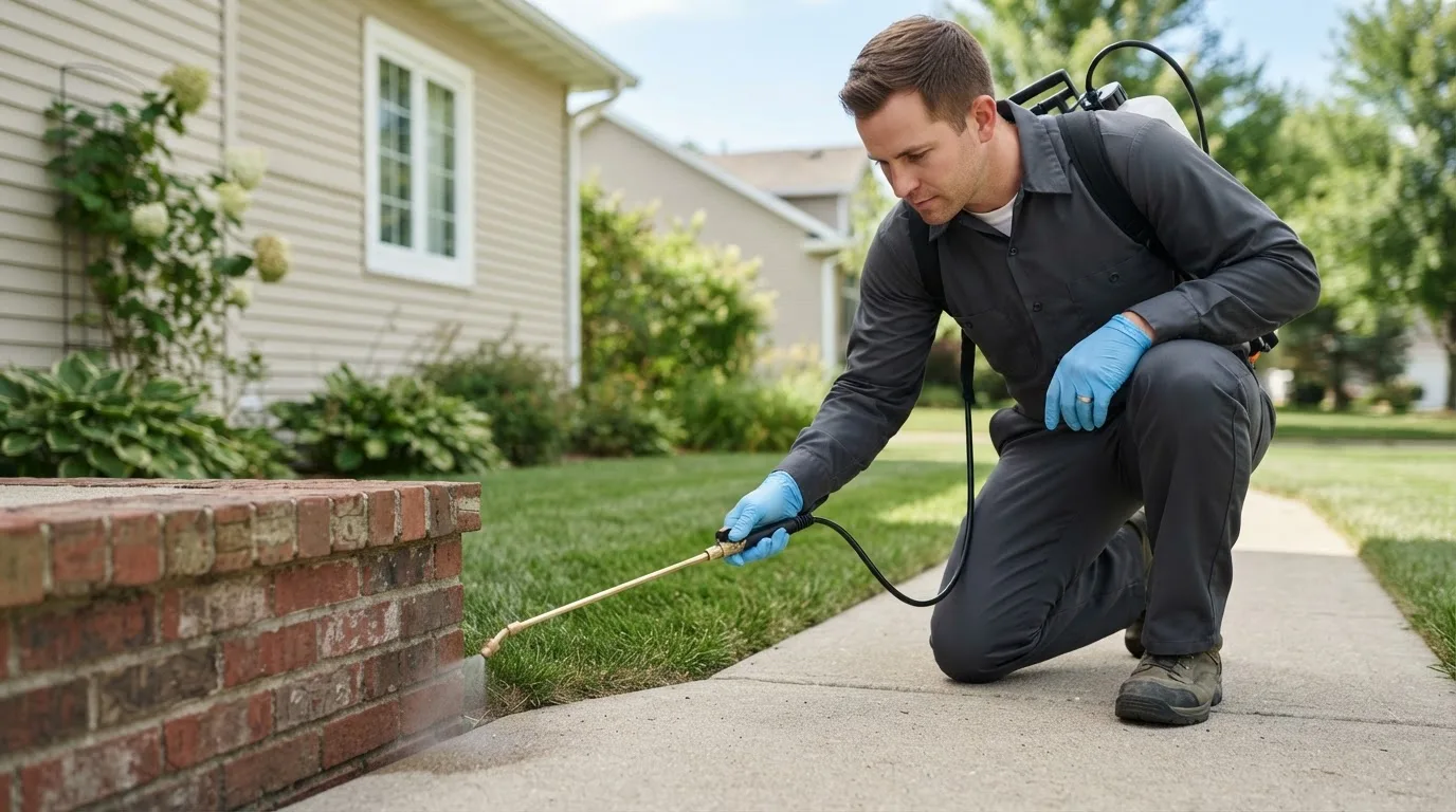 Pest control technician treating a home near Humphrey, AR